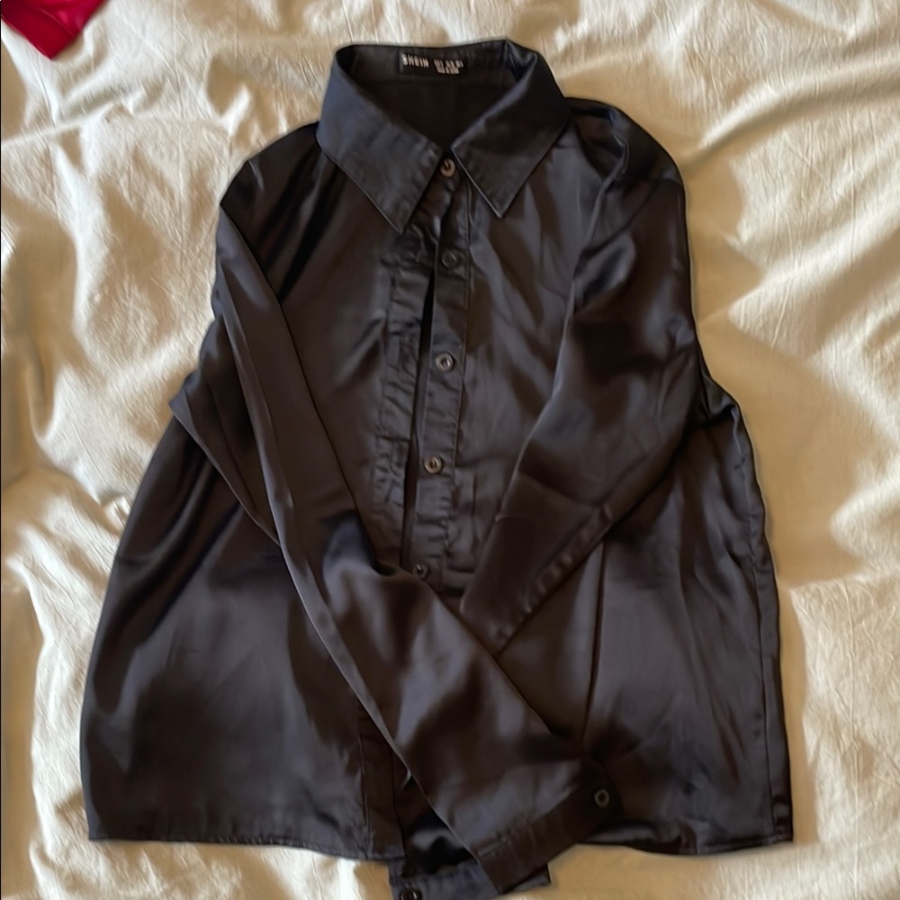 Black Satin Button-Up Blouse